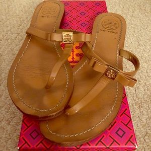 Tory Burch Brown Sandals with Gold Bow - Size 8